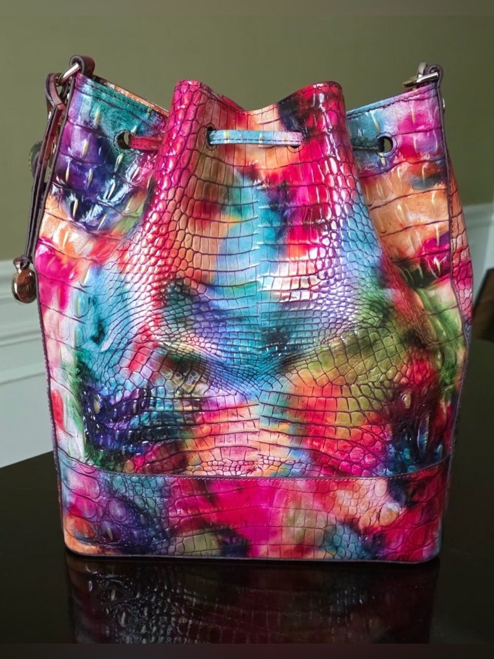 BRAHMIN Marlowe CrocEmbossed Leather BucketBag in Fallstruck Rainbow Colors NWOT - Picture 14 of 17